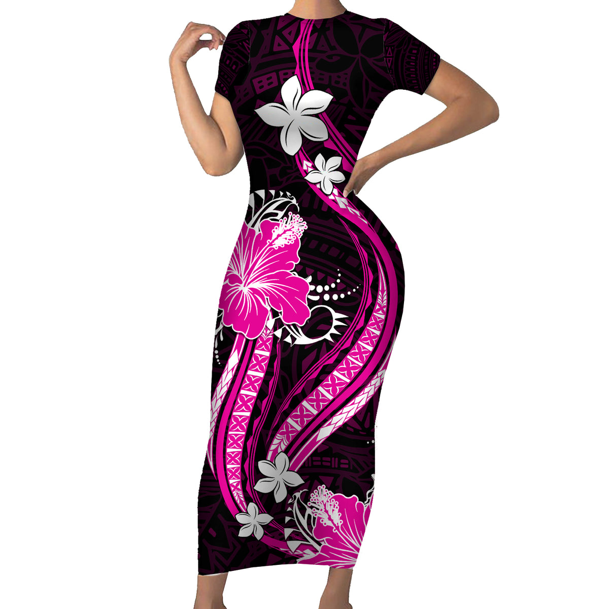 Pink Polynesian Pattern With Tropical Flowers Short Sleeve Bodycon Dress LT05 Long Dress Pink - Polynesian Pride