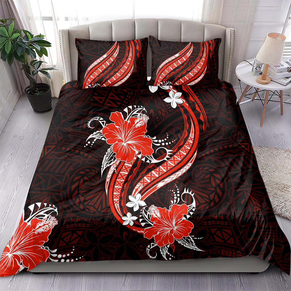 Red Polynesian Pattern With Tropical Flowers Bedding Set LT05 - Polynesian Pride
