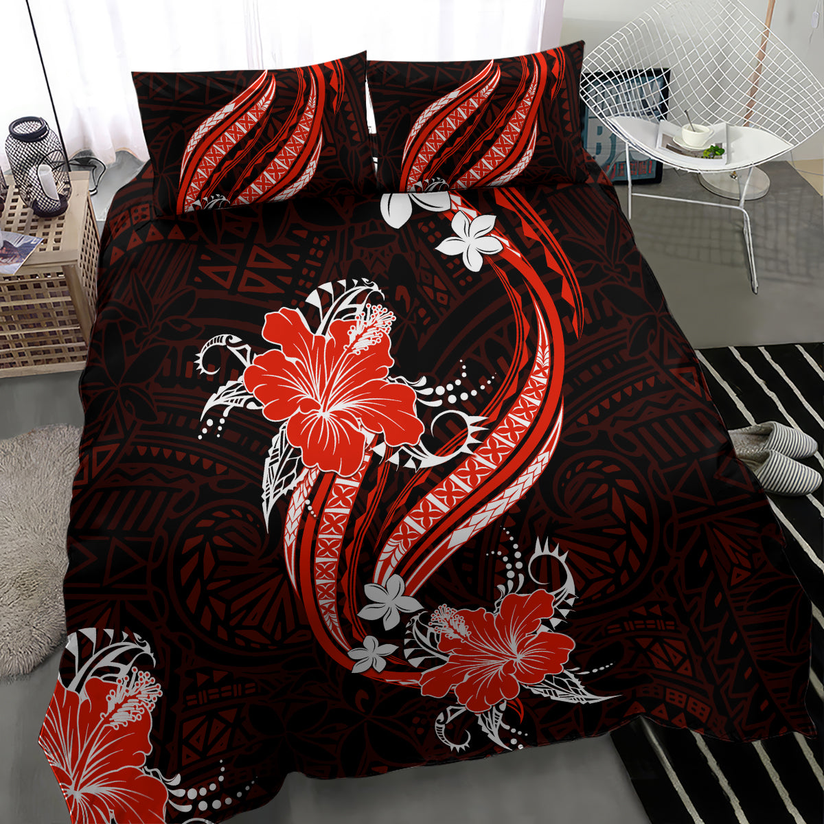 Red Polynesian Pattern With Tropical Flowers Bedding Set LT05 - Polynesian Pride