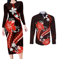 Red Polynesian Pattern With Tropical Flowers Couples Matching Long Sleeve Bodycon Dress and Long Sleeve Button Shirt LT05 Red - Polynesian Pride