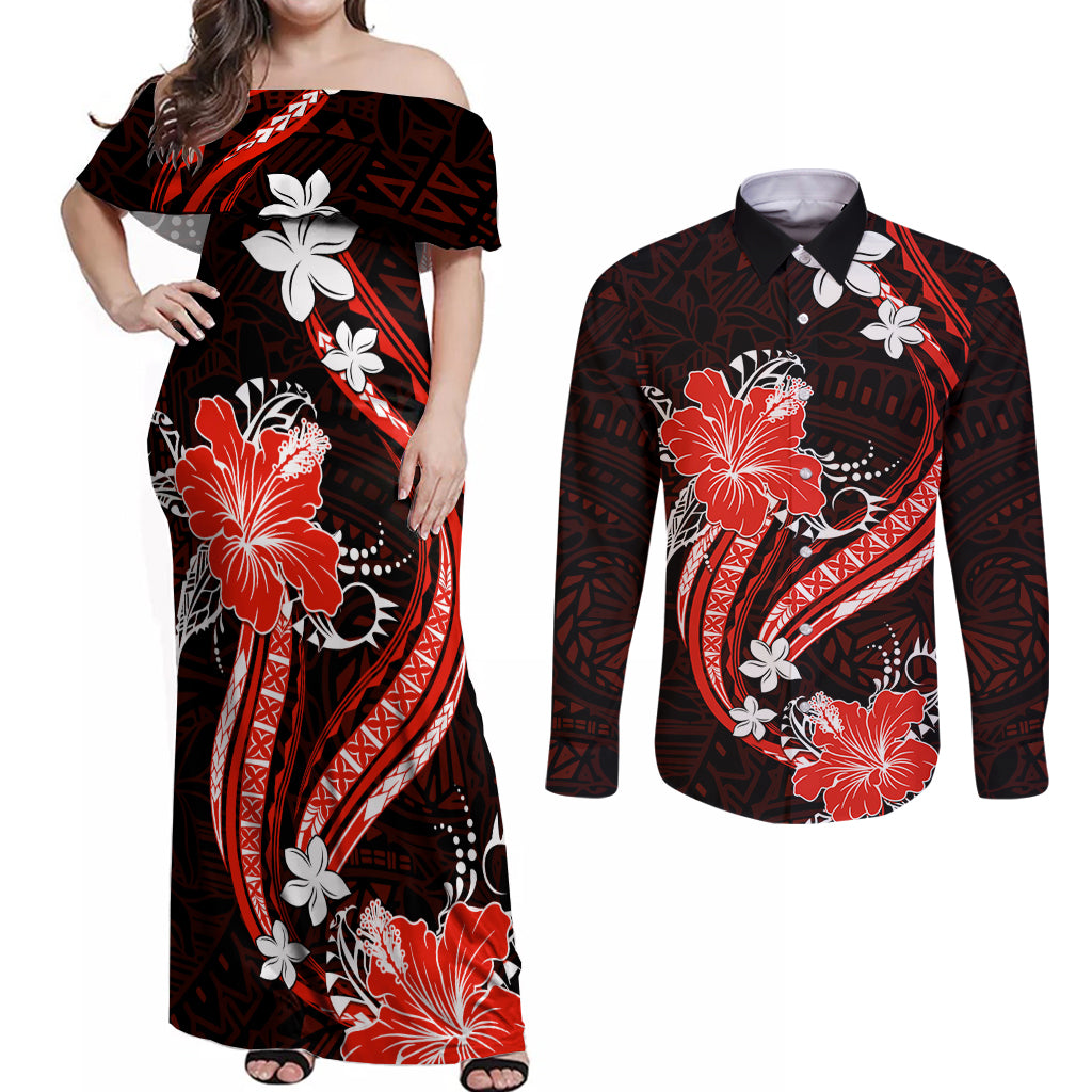 Red Polynesian Pattern With Tropical Flowers Couples Matching Off Shoulder Maxi Dress and Long Sleeve Button Shirt LT05 Red - Polynesian Pride