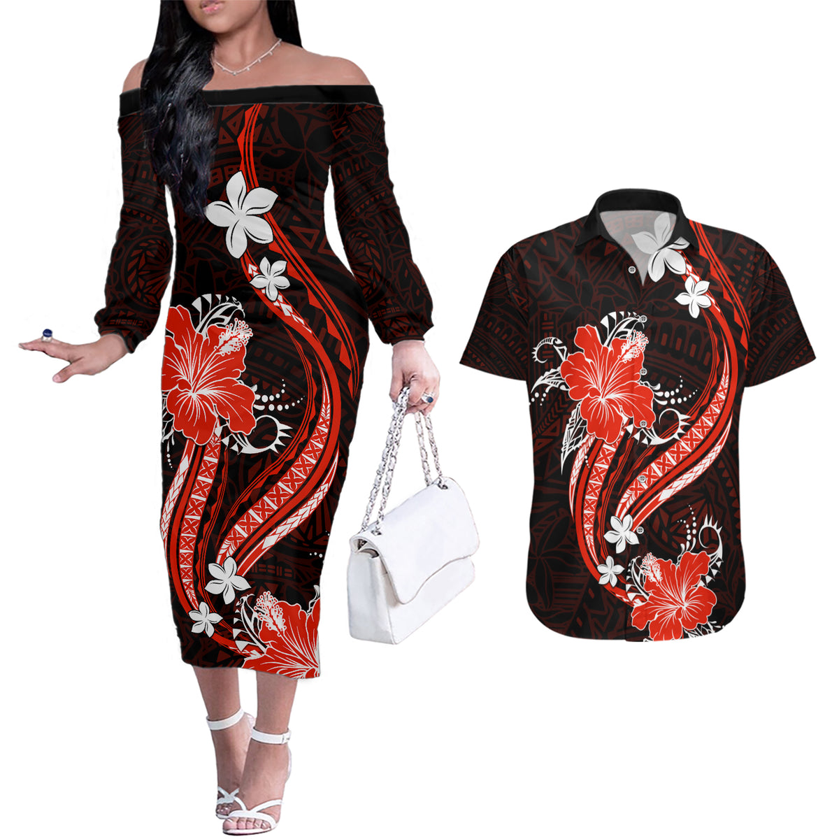 Red Polynesian Pattern With Tropical Flowers Couples Matching Off The Shoulder Long Sleeve Dress and Hawaiian Shirt LT05 Red - Polynesian Pride