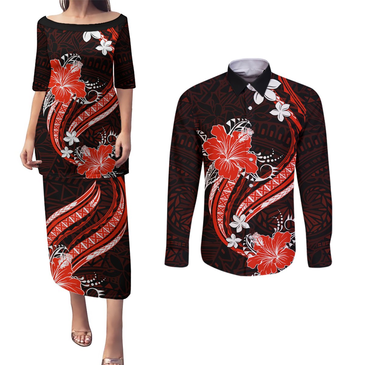 Red Polynesian Pattern With Tropical Flowers Couples Matching Puletasi Dress and Long Sleeve Button Shirt LT05 Red - Polynesian Pride