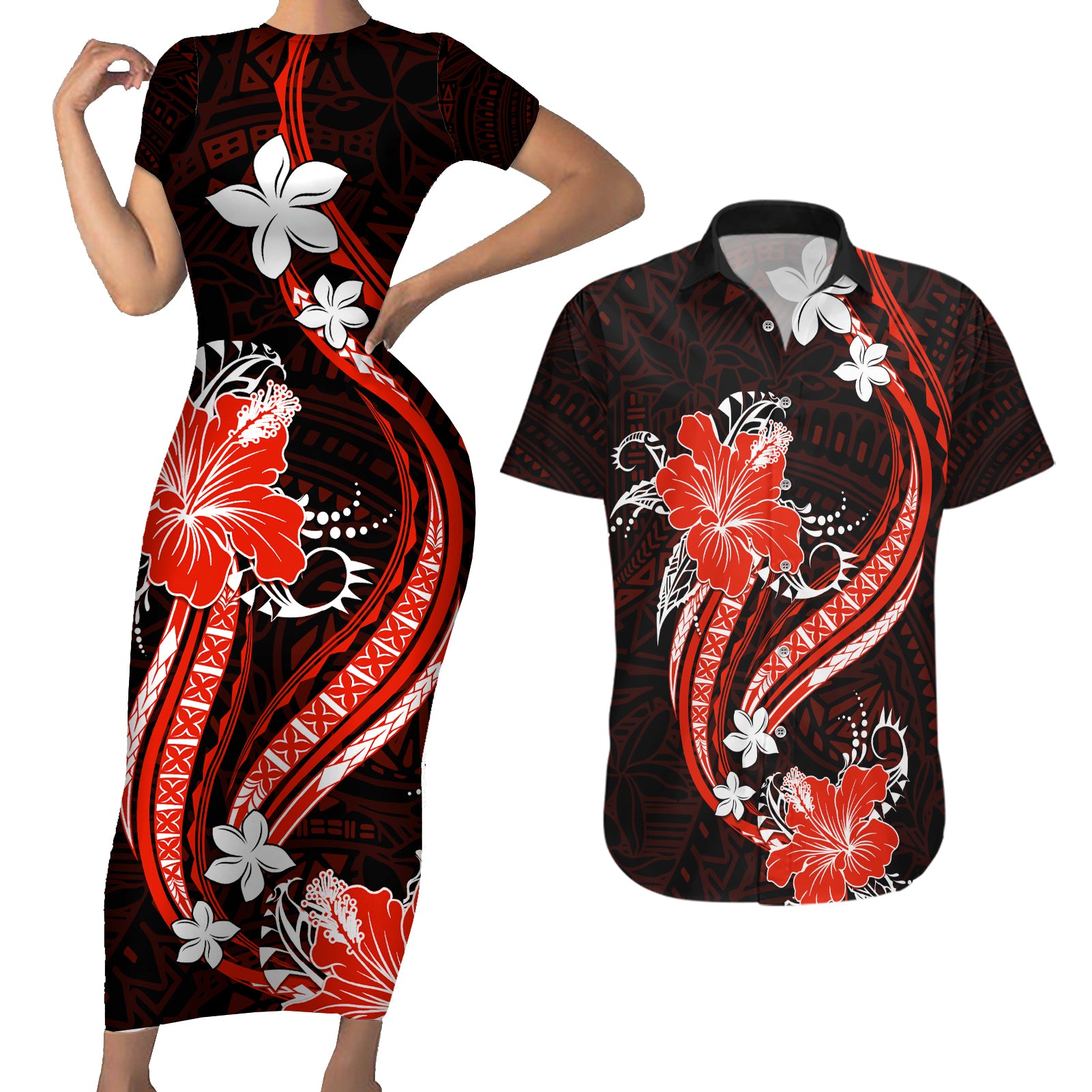 Red Polynesian Pattern With Tropical Flowers Couples Matching Short Sleeve Bodycon Dress and Hawaiian Shirt LT05 Red - Polynesian Pride