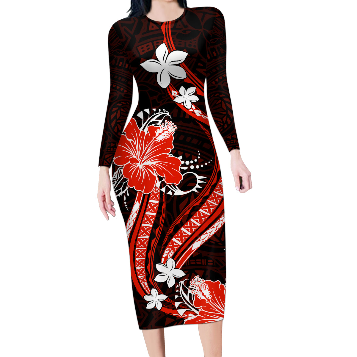 Red Polynesian Pattern With Tropical Flowers Family Matching Long Sleeve Bodycon Dress and Hawaiian Shirt LT05 Mom's Dress Red - Polynesian Pride
