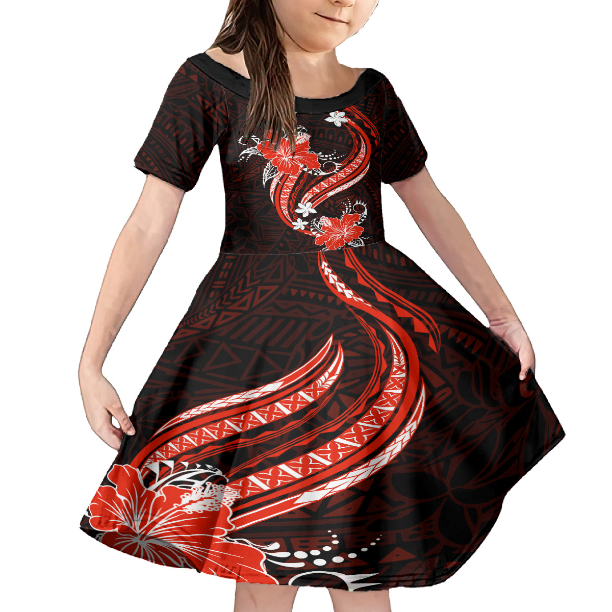 Red Polynesian Pattern With Tropical Flowers Family Matching Off Shoulder Long Sleeve Dress and Hawaiian Shirt LT05 Daughter's Dress Red - Polynesian Pride