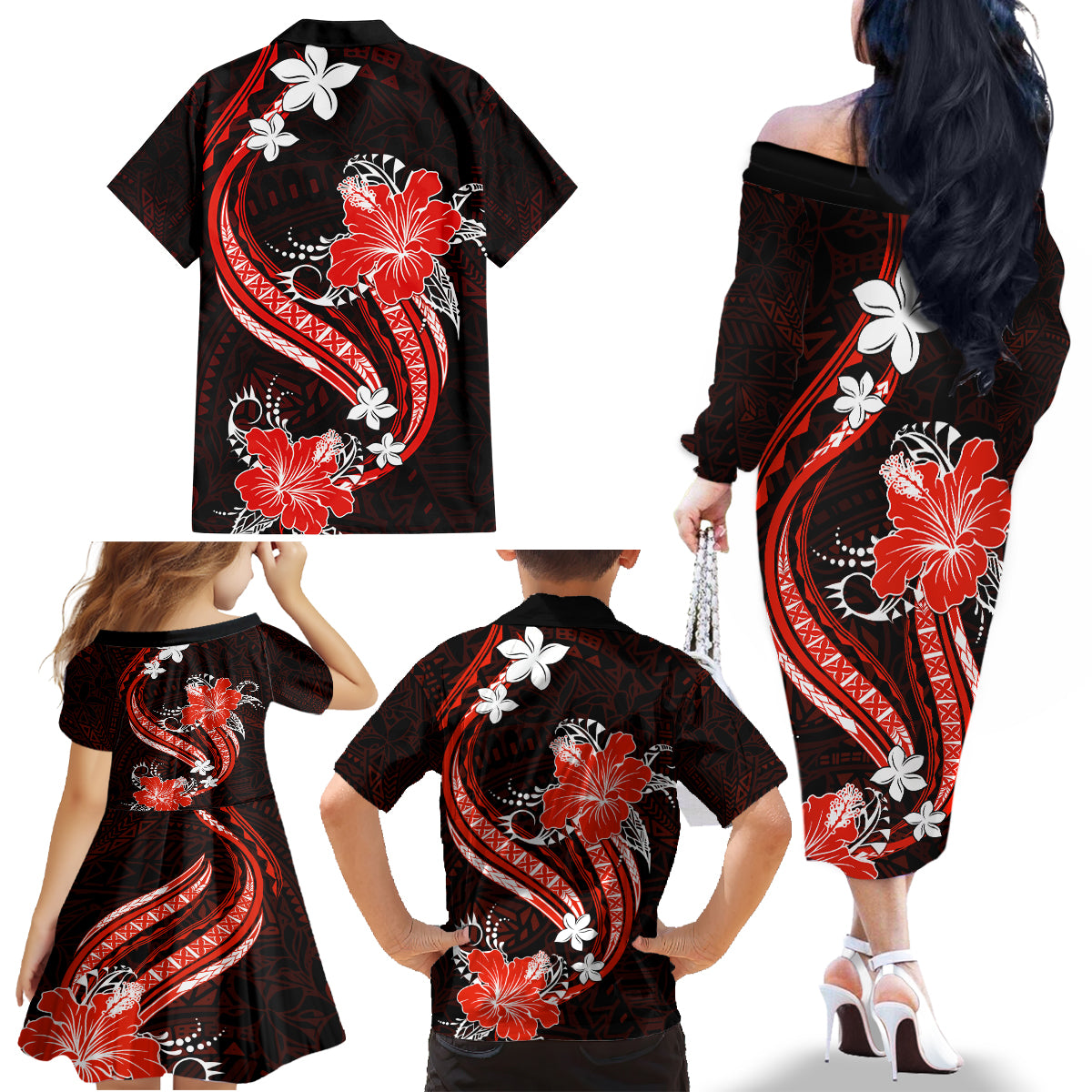 Red Polynesian Pattern With Tropical Flowers Family Matching Off Shoulder Long Sleeve Dress and Hawaiian Shirt LT05 - Polynesian Pride