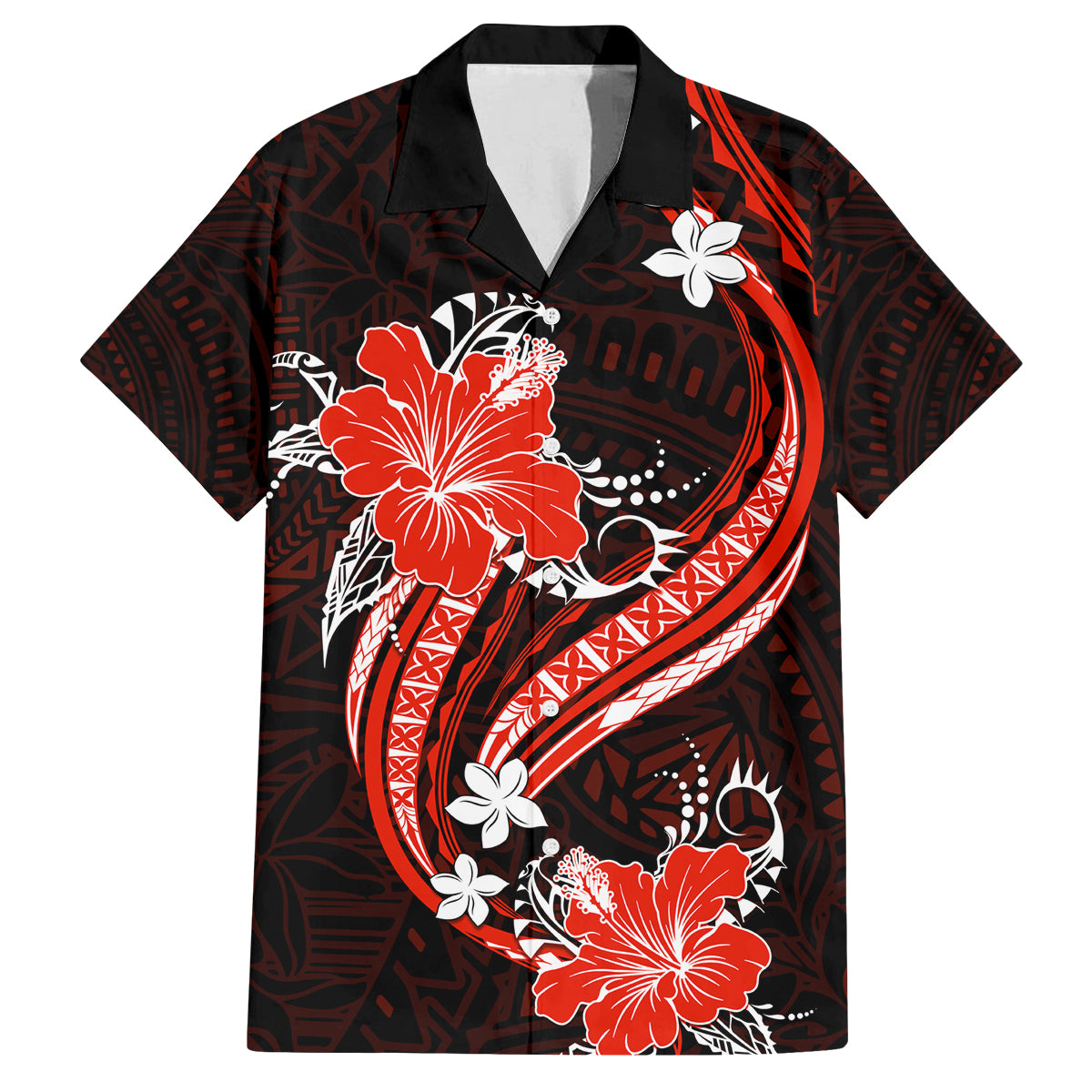 Red Polynesian Pattern With Tropical Flowers Family Matching Off Shoulder Long Sleeve Dress and Hawaiian Shirt LT05 Dad's Shirt - Short Sleeve Red - Polynesian Pride