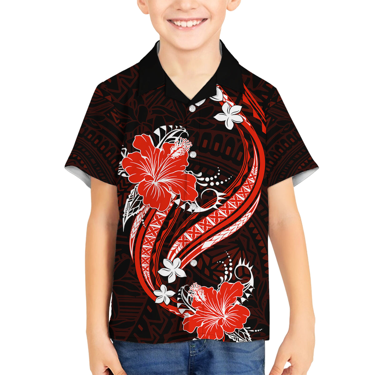 Red Polynesian Pattern With Tropical Flowers Family Matching Off Shoulder Long Sleeve Dress and Hawaiian Shirt LT05 Son's Shirt Red - Polynesian Pride