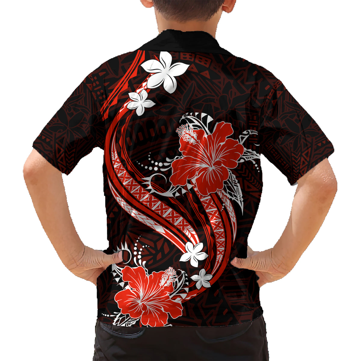 Red Polynesian Pattern With Tropical Flowers Family Matching Short Sleeve Bodycon Dress and Hawaiian Shirt LT05 - Polynesian Pride
