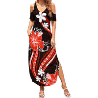 Red Polynesian Pattern With Tropical Flowers Family Matching Summer Maxi Dress and Hawaiian Shirt LT05 Mom's Dress Red - Polynesian Pride