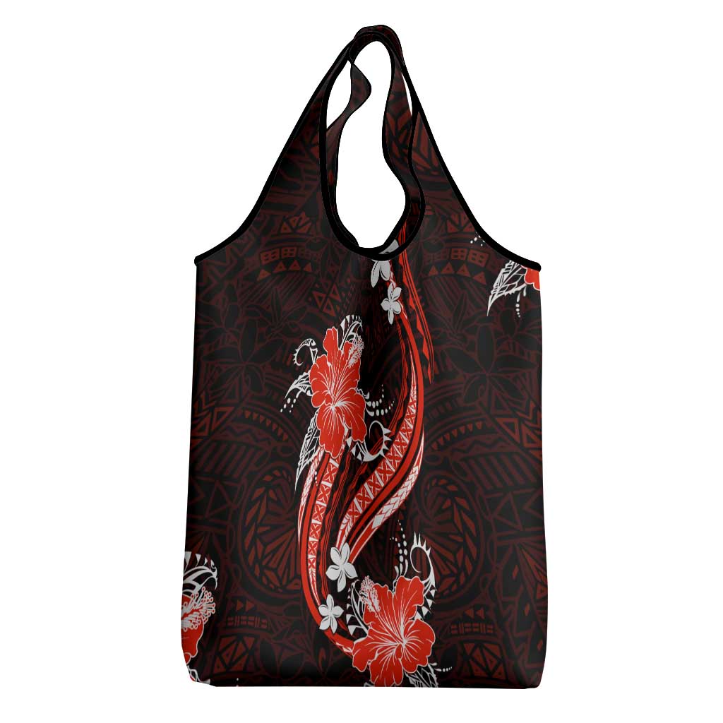 Red Polynesian Pattern With Tropical Flowers Grocery Bag LT05 - Polynesian Pride