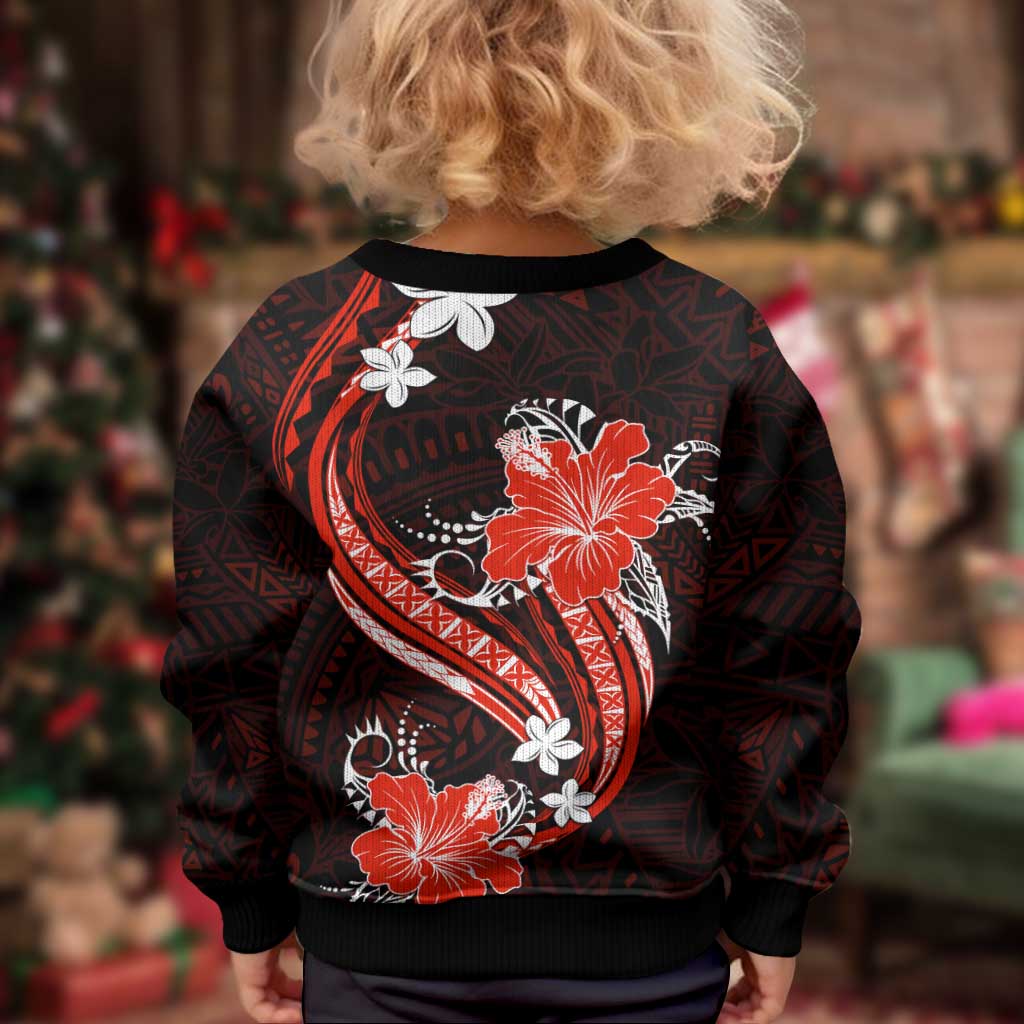 Red Polynesian Pattern With Tropical Flowers Kid Ugly Christmas Sweater LT05 - Polynesian Pride