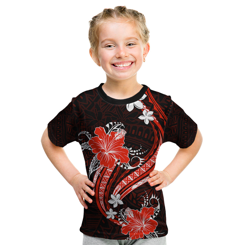 Red Polynesian Pattern With Tropical Flowers Kid T Shirt LT05 Red - Polynesian Pride