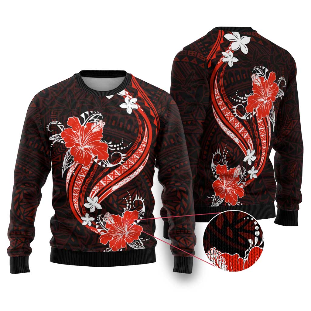 Red Polynesian Pattern With Tropical Flowers Ugly Christmas Sweater