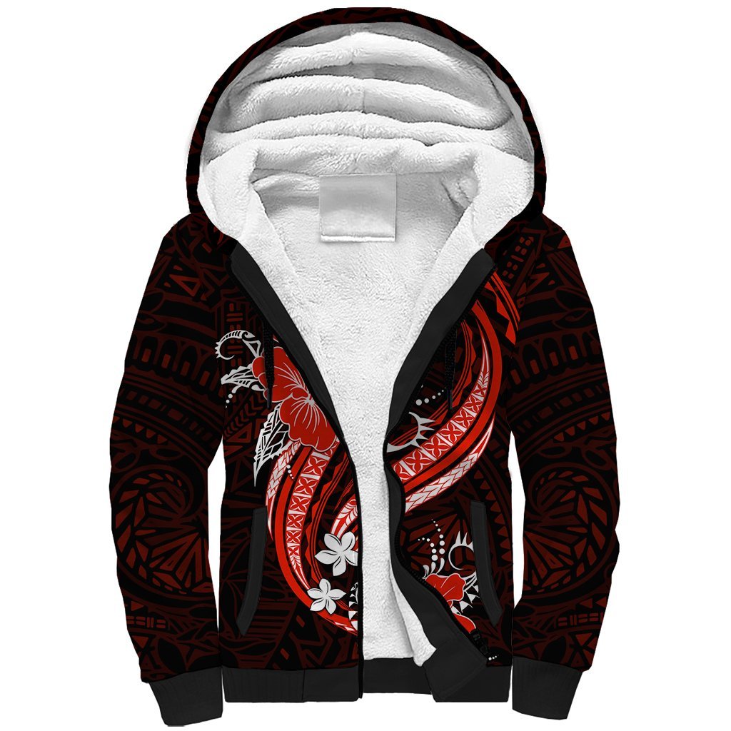 Red Polynesian Pattern With Tropical Flowers Sherpa Hoodie LT05 Unisex Red - Polynesian Pride