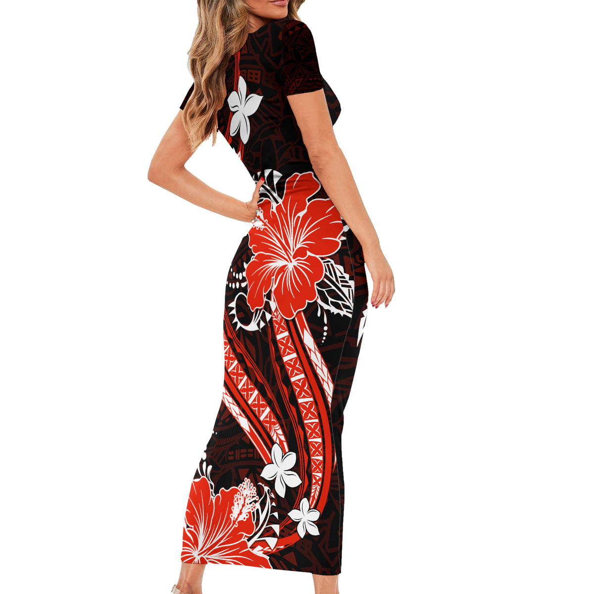 Red Polynesian Pattern With Tropical Flowers Short Sleeve Bodycon Dress LT05 - Polynesian Pride