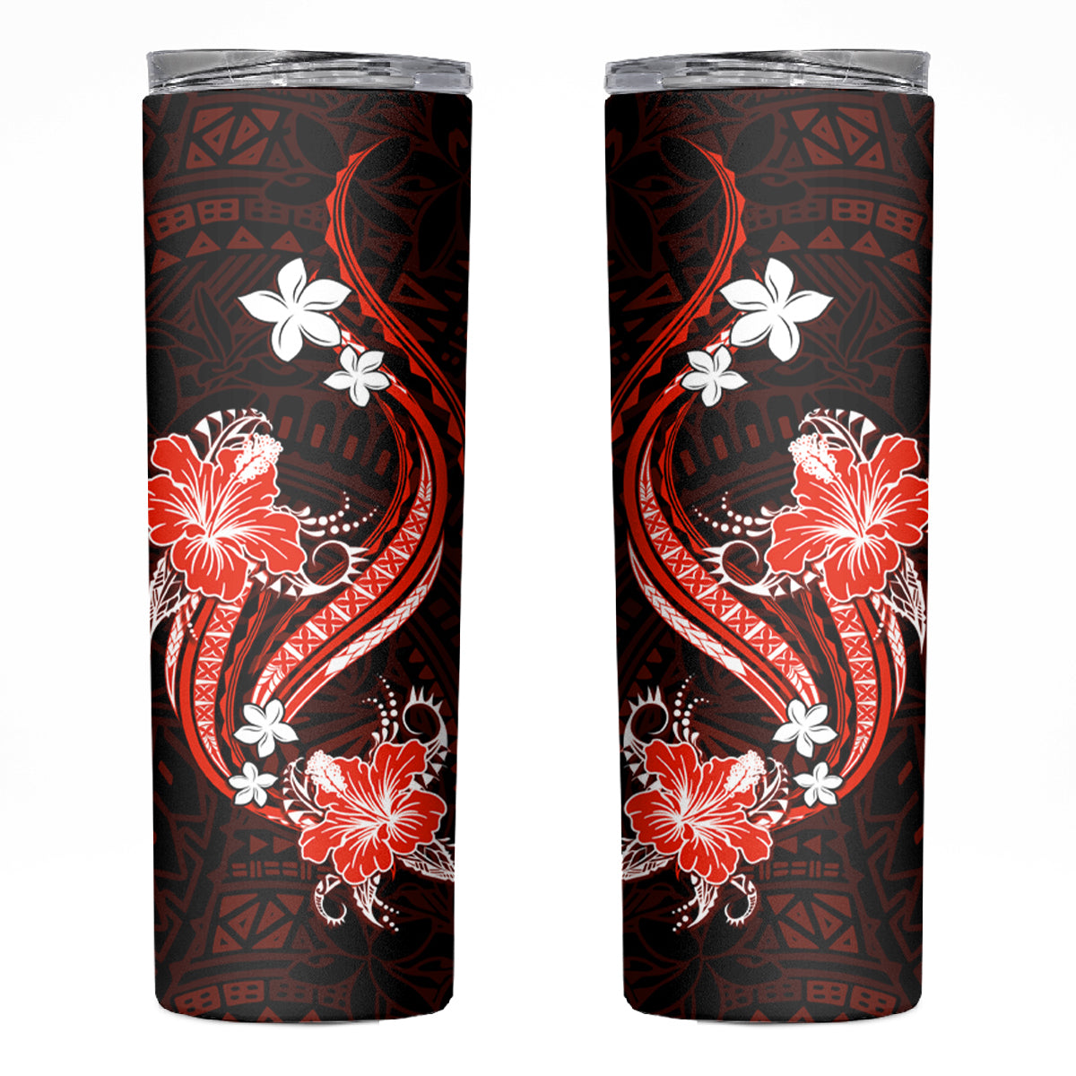 Red Polynesian Pattern With Tropical Flowers Skinny Tumbler