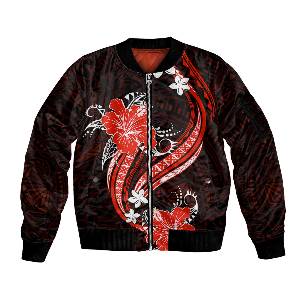 Red Polynesian Pattern With Tropical Flowers Sleeve Zip Bomber Jacket LT05 Unisex Red - Polynesian Pride