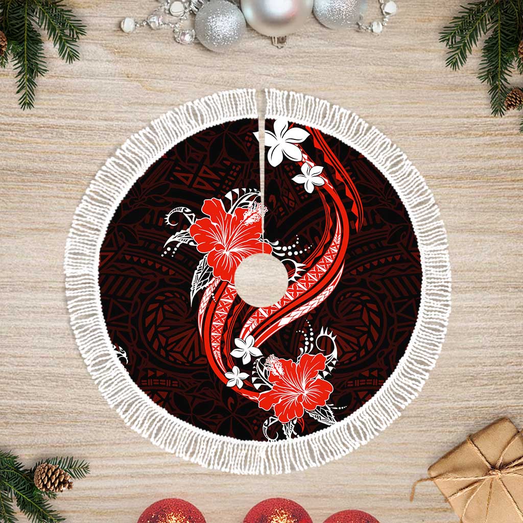 Red Polynesian Pattern With Tropical Flowers Tree Skirt LT05 Fringed Red - Polynesian Pride