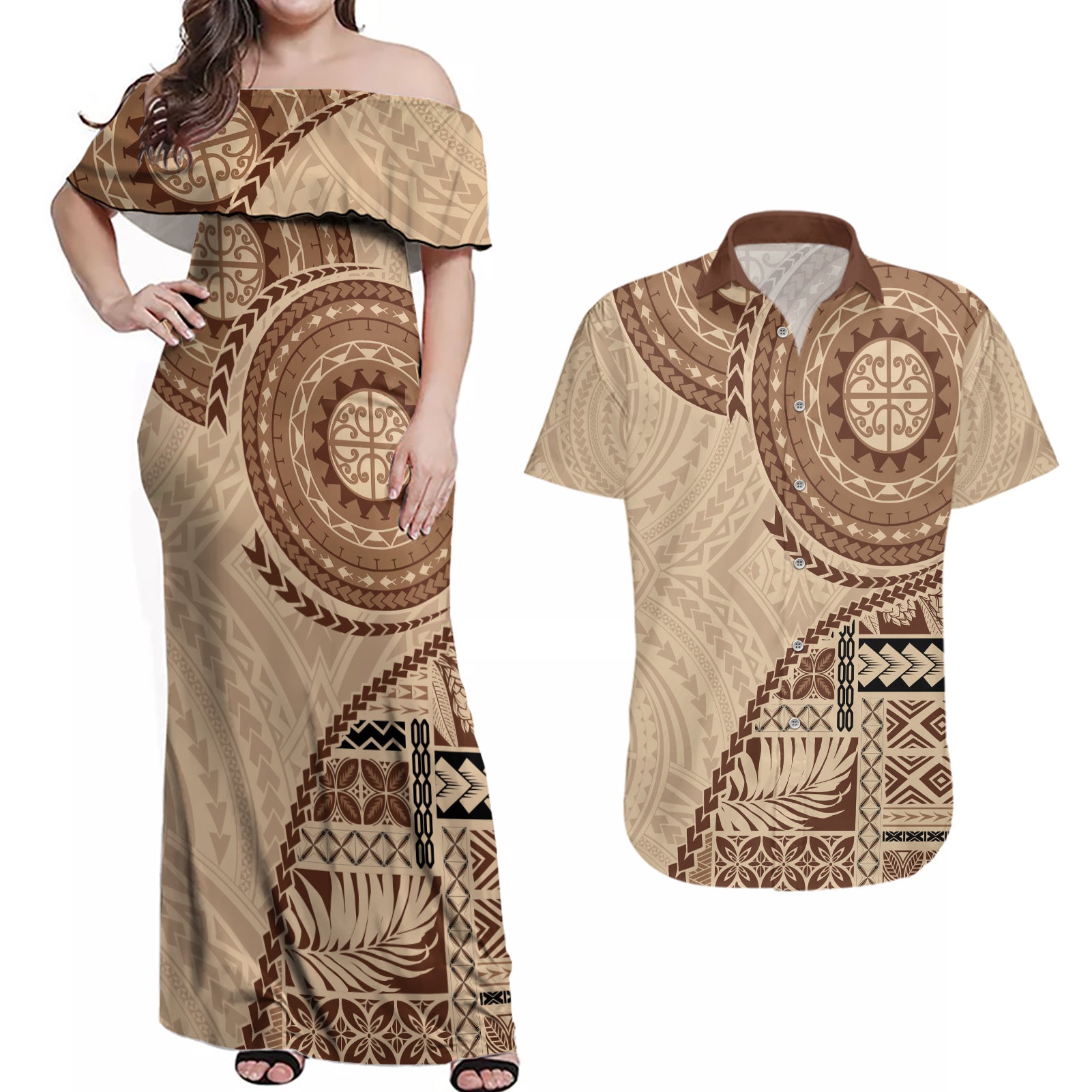 Samoa Siapo Pattern Simple Style Couples Matching Off Shoulder Maxi Dress and Hawaiian Shirt LT05 Brown - Polynesian Pride