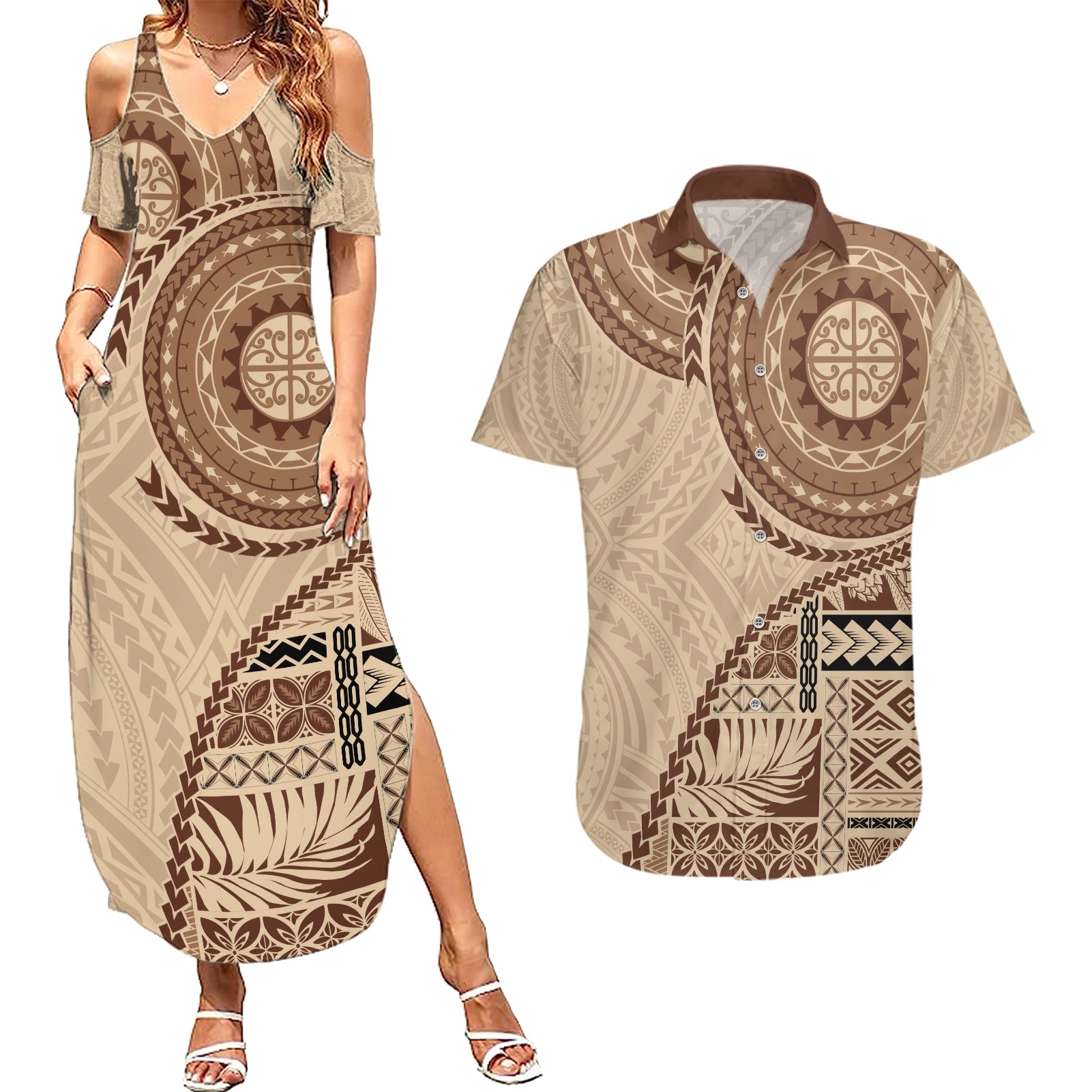 Samoa Siapo Pattern Simple Style Couples Matching Summer Maxi Dress and Hawaiian Shirt LT05 Brown - Polynesian Pride