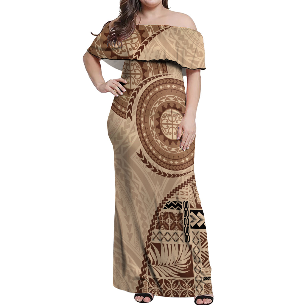 Samoa Siapo Pattern Simple Style Off Shoulder Maxi Dress LT05 Women Brown - Polynesian Pride