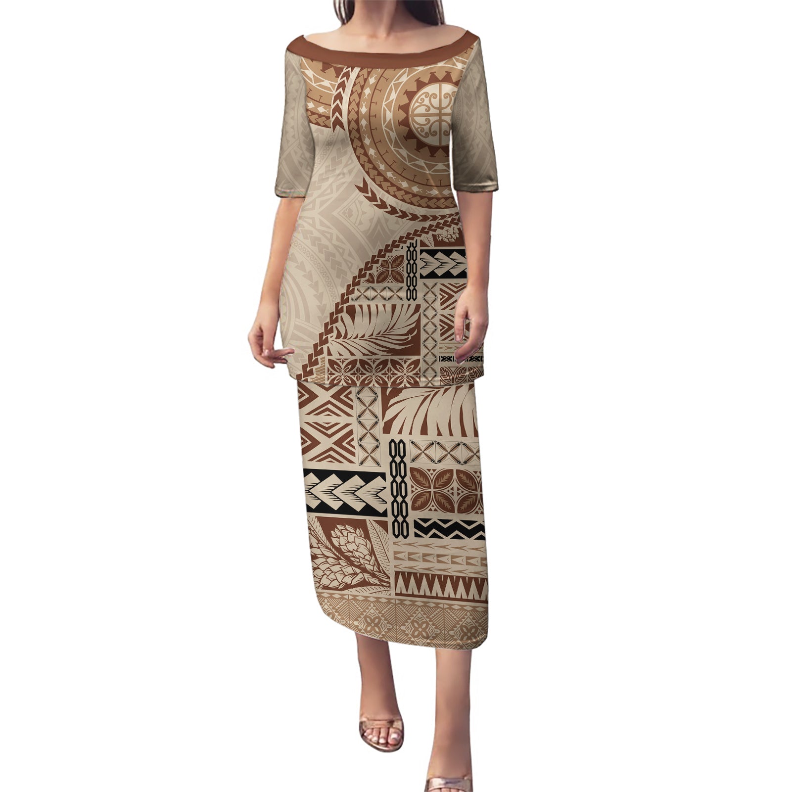 Samoa Siapo Pattern Simple Style Puletasi LT05 Long Dress Brown - Polynesian Pride