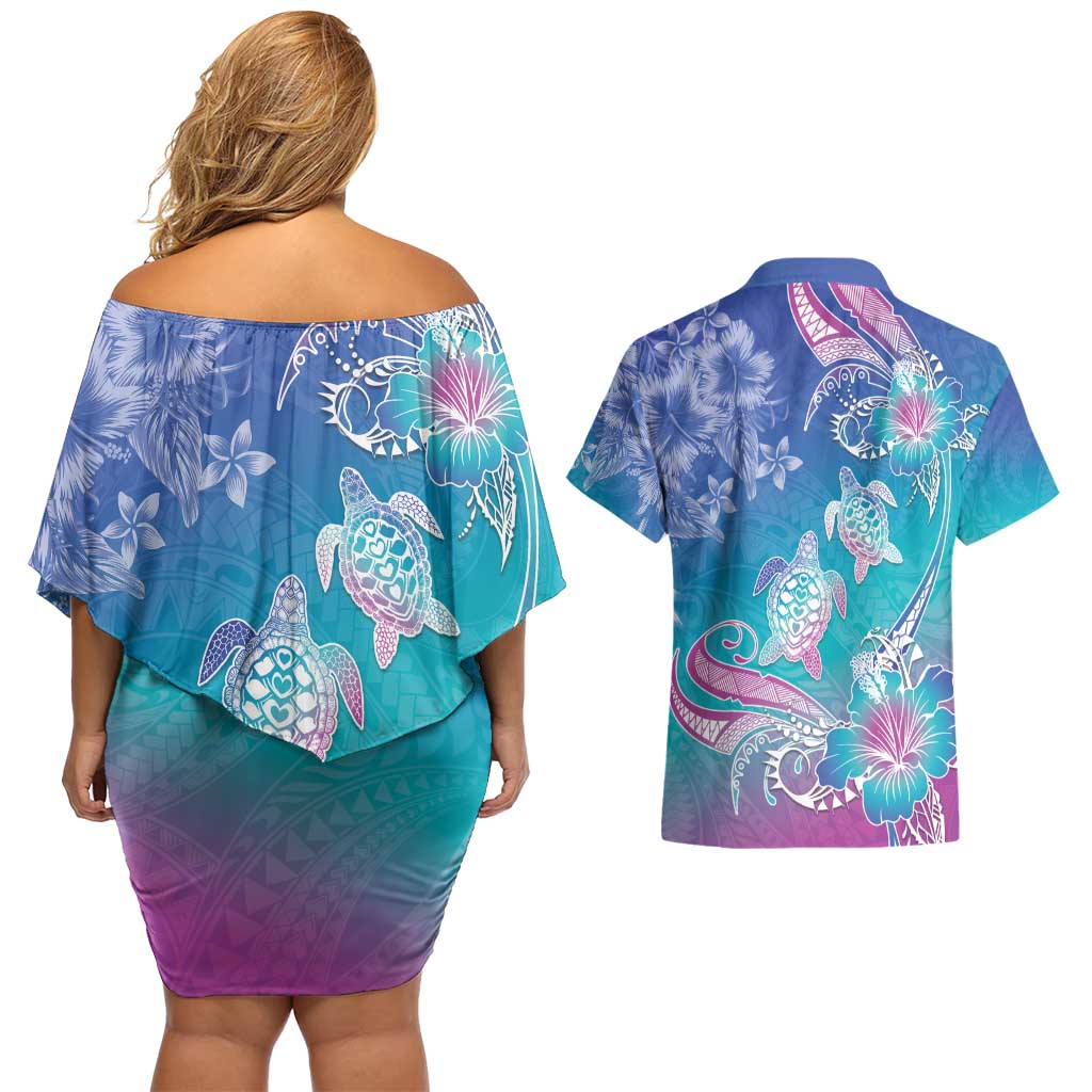 Polynesia Sea Turtle Couple Couples Matching Off Shoulder Short Dress and Hawaiian Shirt Love Is Life