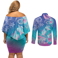 Polynesia Sea Turtle Couple Couples Matching Off Shoulder Short Dress and Long Sleeve Button Shirt Love Is Life