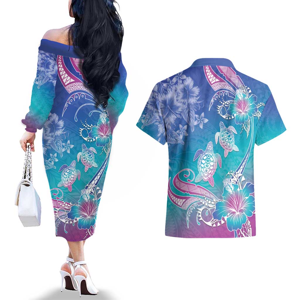 Polynesia Sea Turtle Couple Couples Matching Off The Shoulder Long Sleeve Dress and Hawaiian Shirt Love Is Life