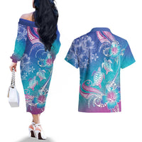 Polynesia Sea Turtle Couple Couples Matching Off The Shoulder Long Sleeve Dress and Hawaiian Shirt Love Is Life