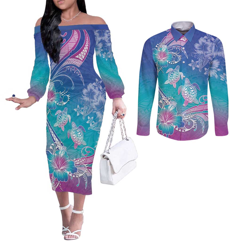 Polynesia Sea Turtle Couple Couples Matching Off The Shoulder Long Sleeve Dress and Long Sleeve Button Shirt Love Is Life