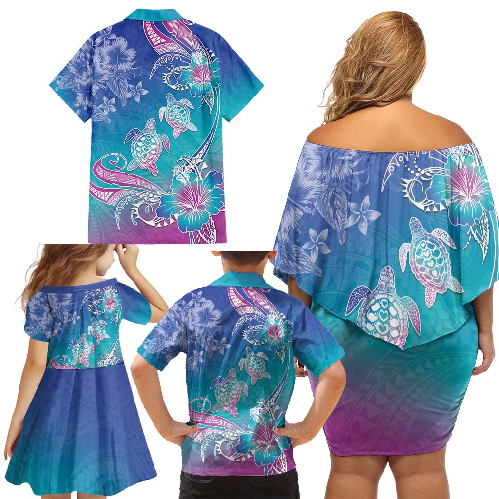 Polynesia Sea Turtle Couple Family Matching Off Shoulder Short Dress and Hawaiian Shirt Love Is Life