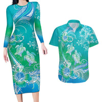 Polynesia Sea Turtle Couple Couples Matching Long Sleeve Bodycon Dress and Hawaiian Shirt I Am Turtley In Love With You