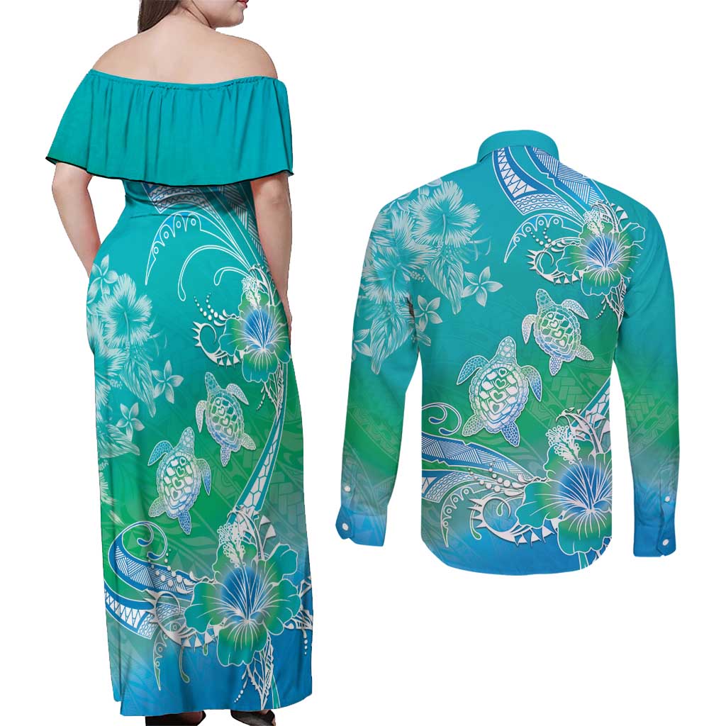 Polynesia Sea Turtle Couple Couples Matching Off Shoulder Maxi Dress and Long Sleeve Button Shirt I Am Turtley In Love With You