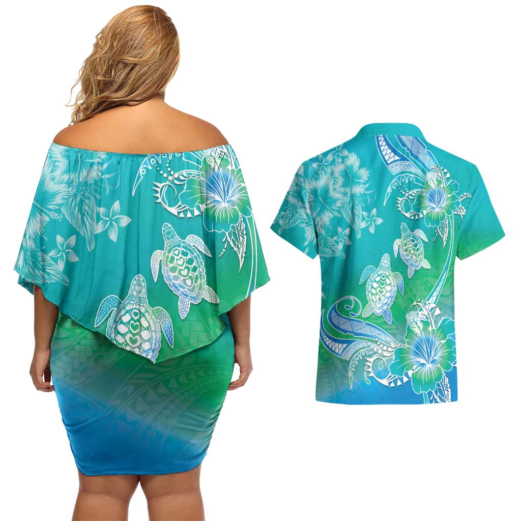 Polynesia Sea Turtle Couple Couples Matching Off Shoulder Short Dress and Hawaiian Shirt I Am Turtley In Love With You