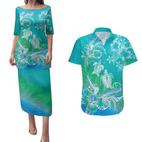 Polynesia Sea Turtle Couple Couples Matching Puletasi and Hawaiian Shirt I Am Turtley In Love With You