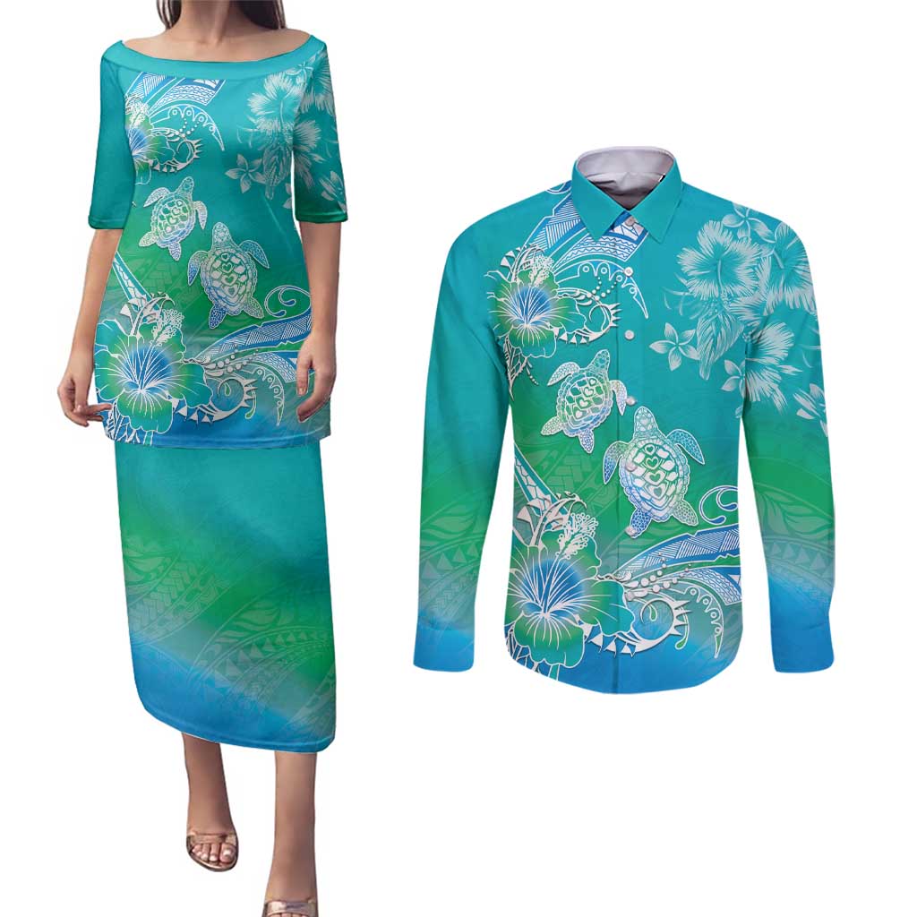 Polynesia Sea Turtle Couple Couples Matching Puletasi and Long Sleeve Button Shirt I Am Turtley In Love With You