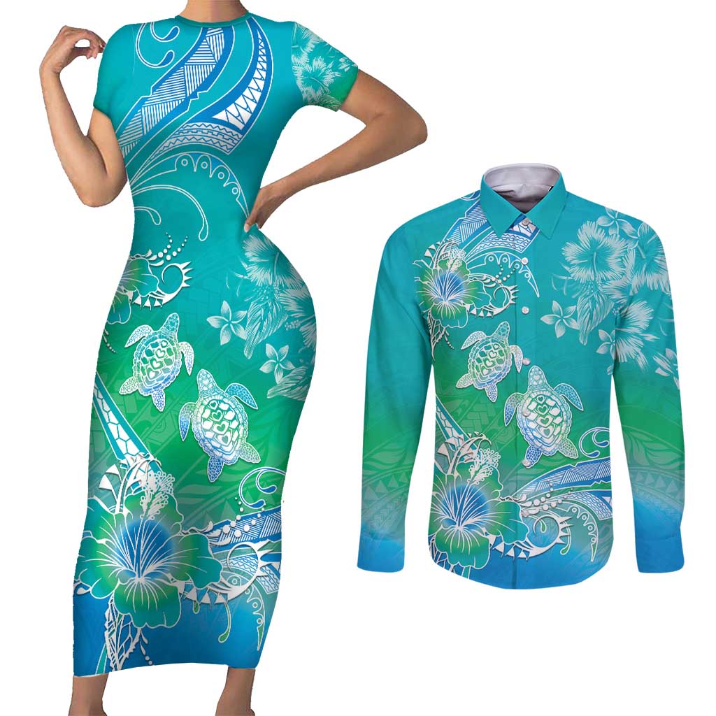 Polynesia Sea Turtle Couple Couples Matching Short Sleeve Bodycon Dress and Long Sleeve Button Shirt I Am Turtley In Love With You