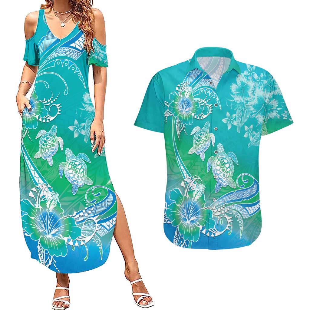 Polynesia Sea Turtle Couple Couples Matching Summer Maxi Dress and Hawaiian Shirt I Am Turtley In Love With You