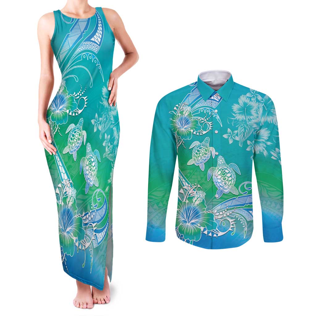 Polynesia Sea Turtle Couple Couples Matching Tank Maxi Dress and Long Sleeve Button Shirt I Am Turtley In Love With You