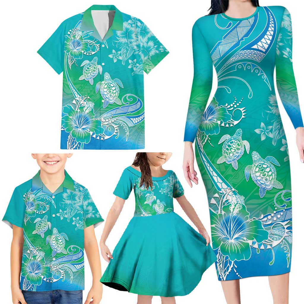 Polynesia Sea Turtle Couple Family Matching Long Sleeve Bodycon Dress and Hawaiian Shirt I Am Turtley In Love With You