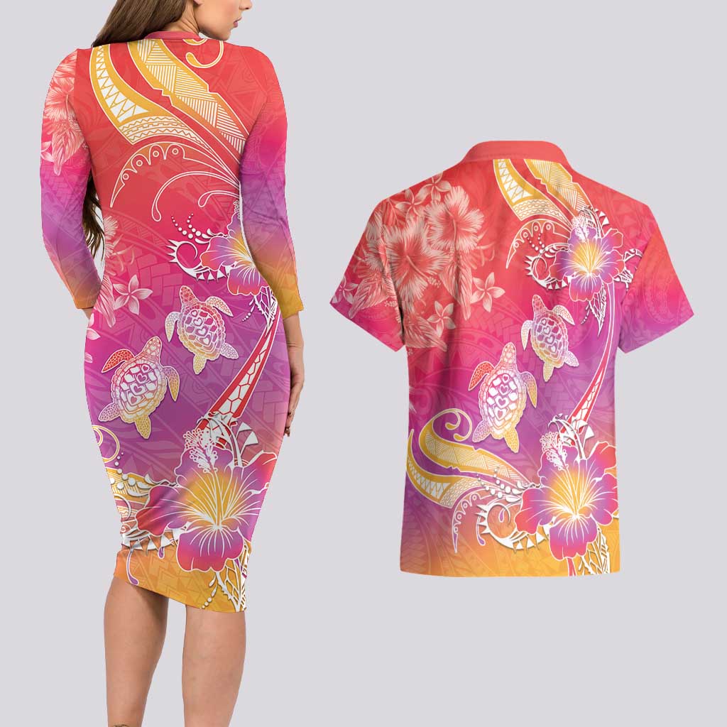 Polynesia Sea Turtle Couple Couples Matching Long Sleeve Bodycon Dress and Hawaiian Shirt One Soul One Love