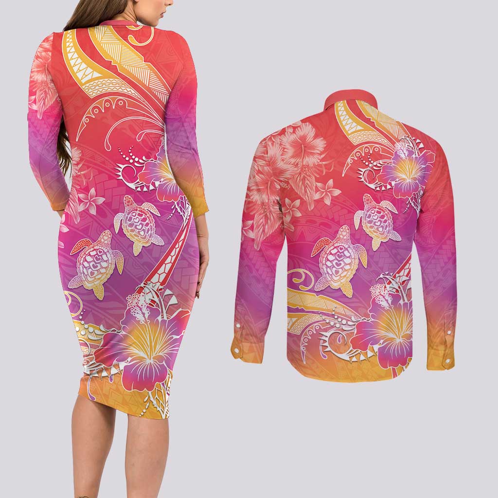 Polynesia Sea Turtle Couple Couples Matching Long Sleeve Bodycon Dress and Long Sleeve Button Shirt One Soul One Love
