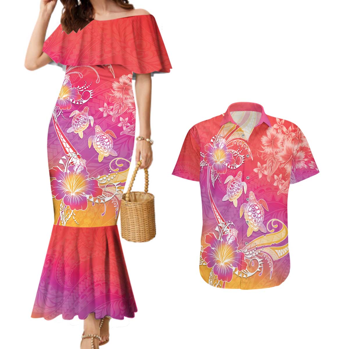 Polynesia Sea Turtle Couple Couples Matching Mermaid Dress and Hawaiian Shirt One Soul One Love