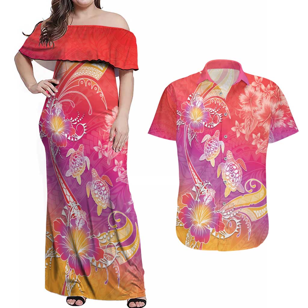 Polynesia Sea Turtle Couple Couples Matching Off Shoulder Maxi Dress and Hawaiian Shirt One Soul One Love