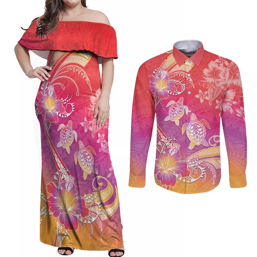 Polynesia Sea Turtle Couple Couples Matching Off Shoulder Maxi Dress and Long Sleeve Button Shirt One Soul One Love