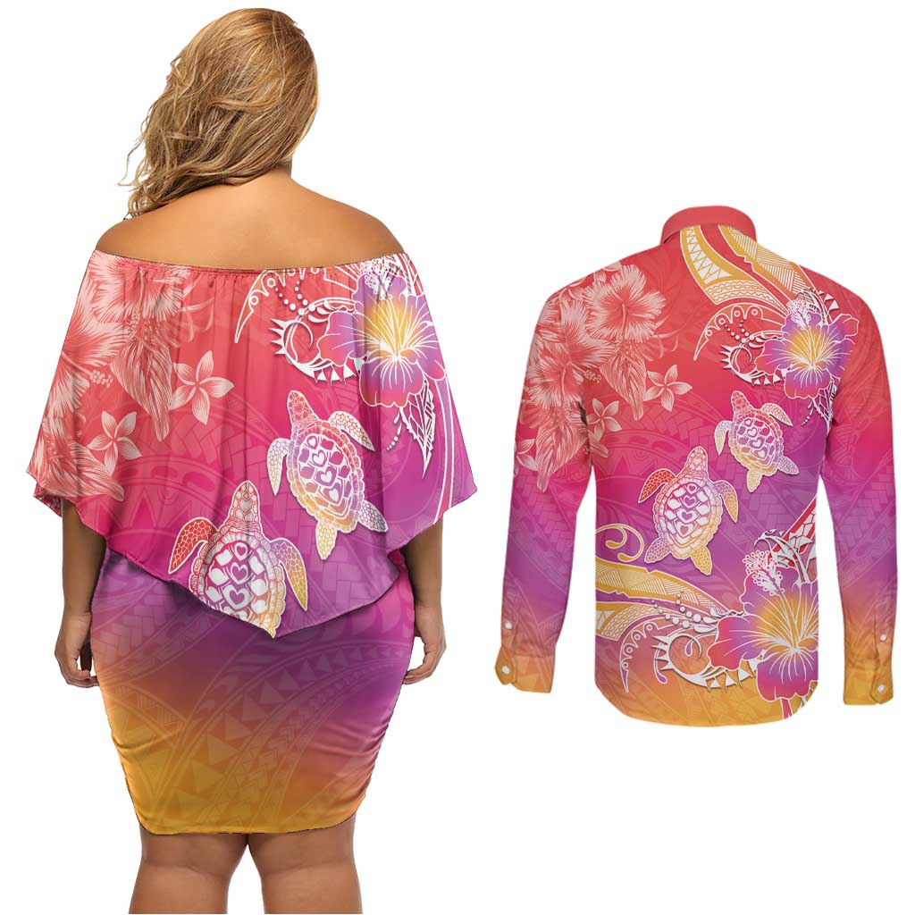 Polynesia Sea Turtle Couple Couples Matching Off Shoulder Short Dress and Long Sleeve Button Shirt One Soul One Love
