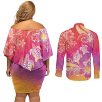 Polynesia Sea Turtle Couple Couples Matching Off Shoulder Short Dress and Long Sleeve Button Shirt One Soul One Love